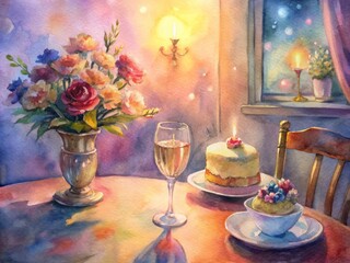 Warmly lit cafe setting with bouquet of flowers, anniversary cake, and two champagne glasses on a table, conveying love and celebration atmosphere.