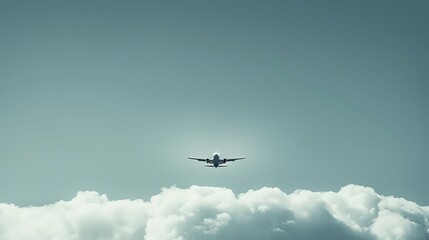 A plane flies above the clouds in a blue sky.