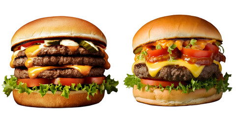 Set of burger isolated white and transparent background Juicy hamburger on white background