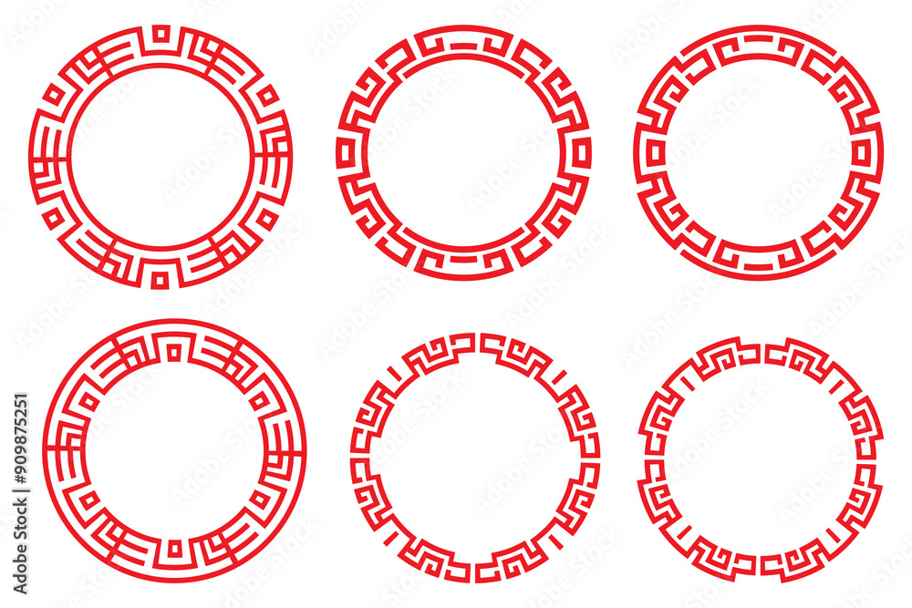 Poster red abstract geometric pattern chinese circle frame set vector design.