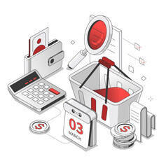 Cost planning - black and red isometric line illustration. Smart spending, reasonable consumption and budgeting idea. Consumer basket, calendar, bills, expenses, calculator, wallet, grocery, coins