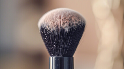 Close-up of a makeup brush with soft bristles and a hint of blush powder