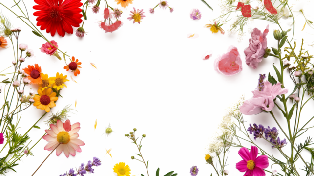 Spring flowers border with no background on PNG, generative ai