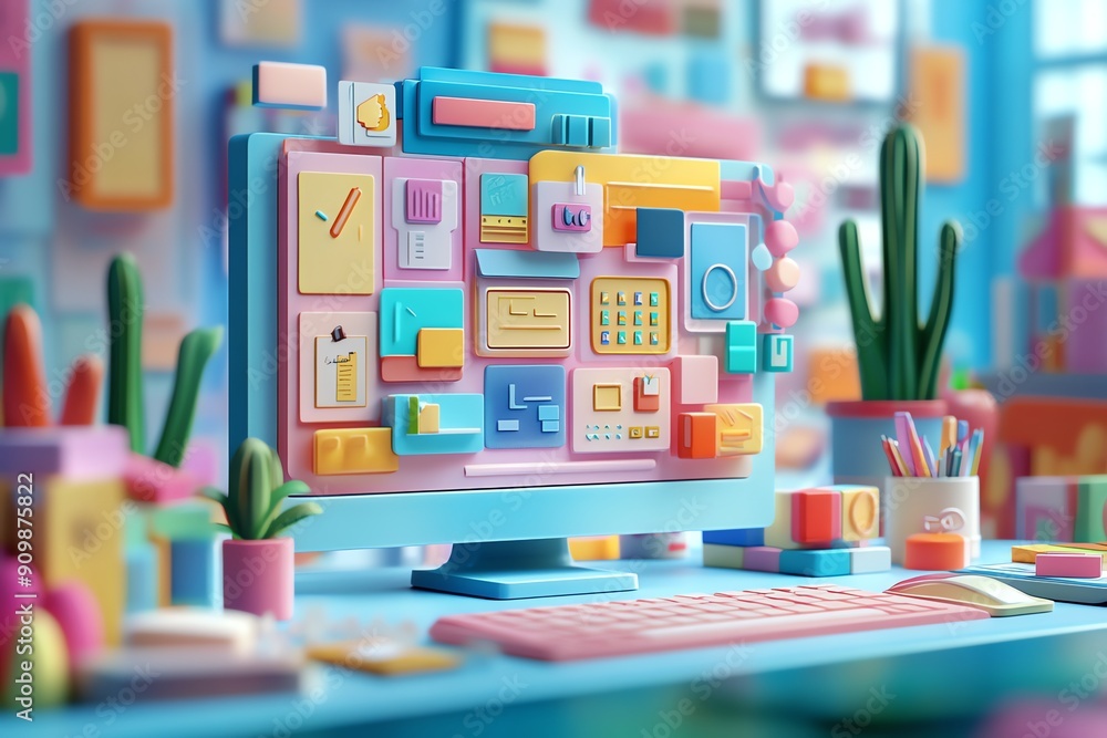 Poster colorful 3d illustration of a computer desk.