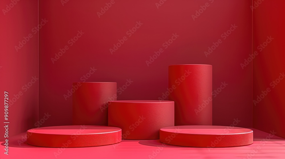 Poster four round podiums in red tones on an empty background, mockup for product presentation, minimalism.