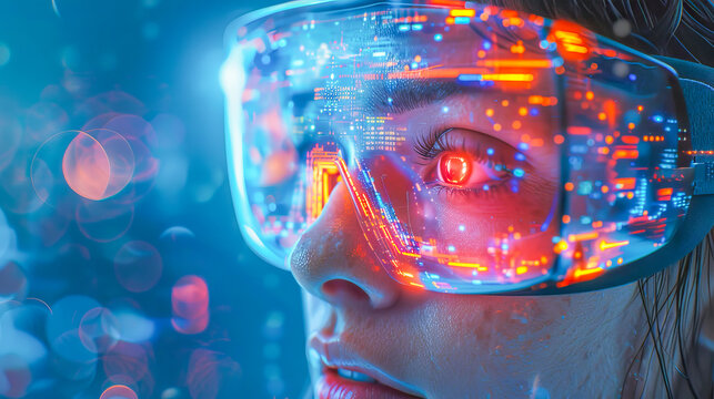 Woman experiencing blockchain technology with augmented reality glasses - Powered by Adobe