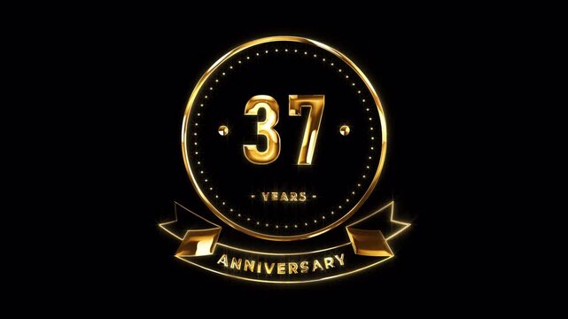 37th Anniversary Celebration. Happy 37 Years Anniversary Animation in Gold Color on the Transparent Background, Alpha Channel. Great for greetings, celebrations, events, and gifts.