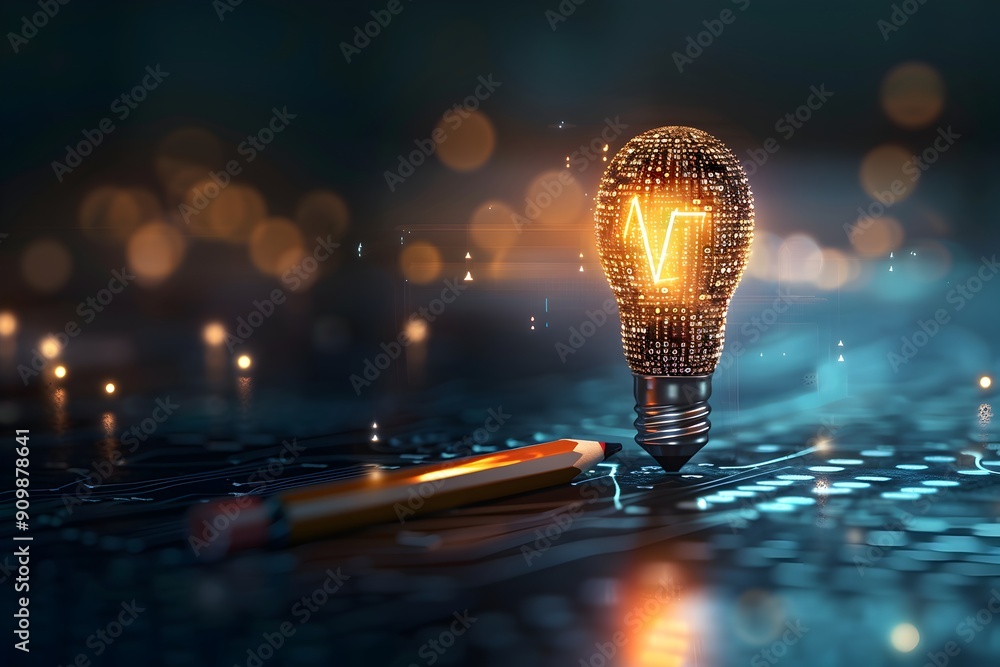 Poster a light bulb made of binary code, symbolizing the power and potential in digital innovation. the dar
