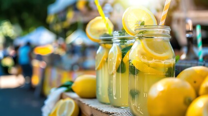 Close-up of mason jars filled with lemonade and lemons.