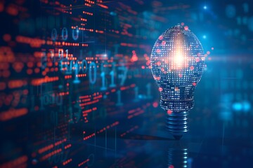 Abstract light bulb made of binary code, digital data flow and network connection symbols on a blue background with space for your design concept or presentation. High quality, professional photo ligh