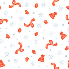 Seamless pattern with red scarves, mittens, hats and snowflakes. Cute watercolor texture with winter accessories on white background. Christmas illustration