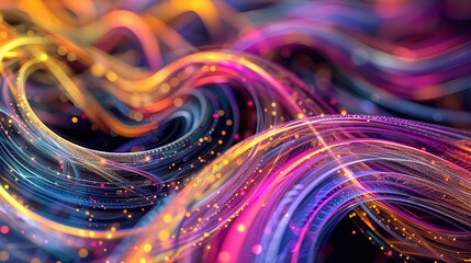 A dynamic background of colorful, interwoven digital lines, forming an intricate and energetic pattern.