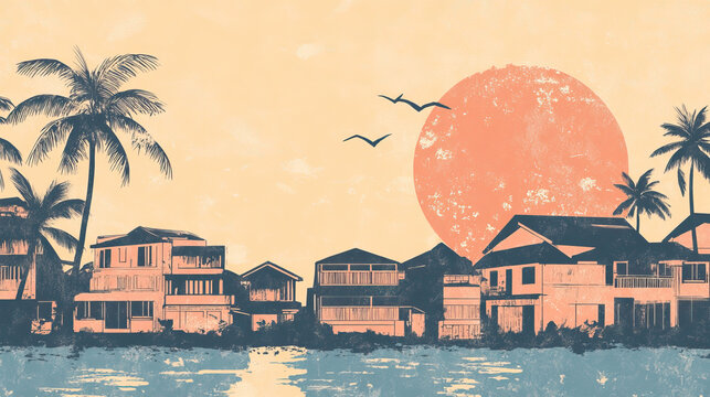 Risograph artsy riso print travel poster, card, wallpaper or banner illustration, modern, isolated, clear, simple of Dawei, Myanmar. Artistic, screen printing, stencil