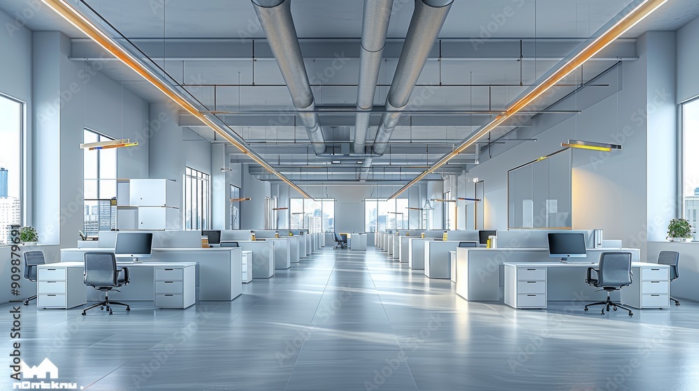 Poster modern open concept office space featuring desks and computers in bright daylight