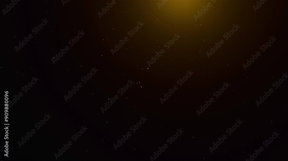 Poster a dark background with flying scattered glittering gold particles illuminated by a soft light from a