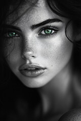 Fototapeta premium black and white portrait of a woman with bright green eyes