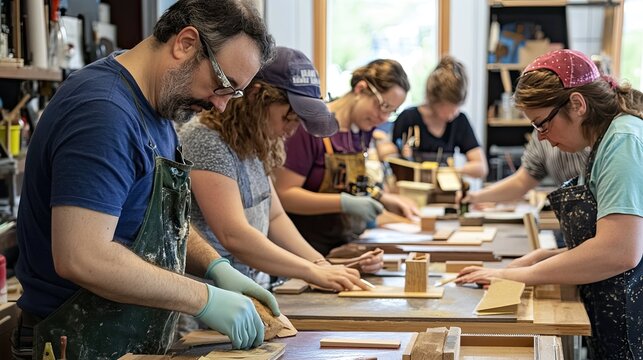 People working in a carpentry shop.