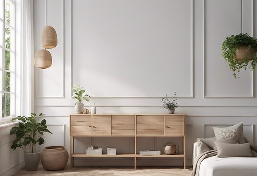 Fototapeta wicker Wall old bohemian minimal room white render chair scandinavian template ethnic 3d mock ScandiBoho wooden simple interior home floor bench modern furniture rattan rustic background styl