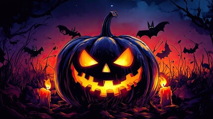 Fototapeta premium Illustration comic style, halloween pumpkin with glowing eyes and candles.