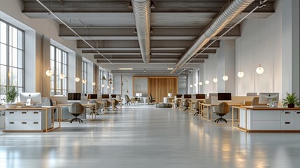 Modern Open Office Space Featuring Creative Workstations and Natural Light on a Sunny Day