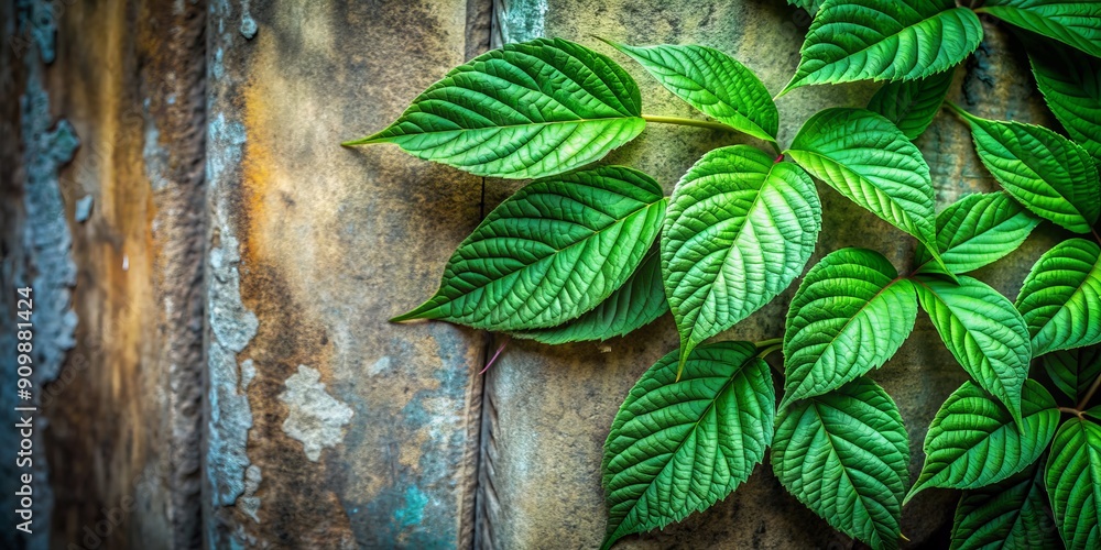 Poster vibrant green leaves with intricate veins and edges pressed against a rustic wall, creating a stunni