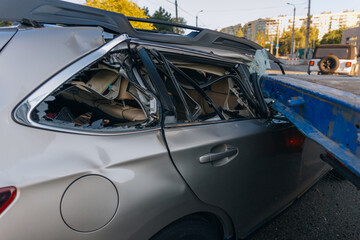 There was a collision of cars on the highway. Serious accident. Road accidents on the road. Broken...