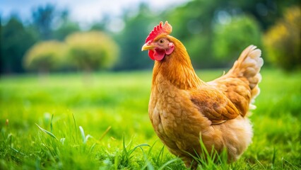 A close-up of a plump and healthy chicken roaming freely on a lush green farm in Lancaster County, Pennsylvania, with ample copy space.