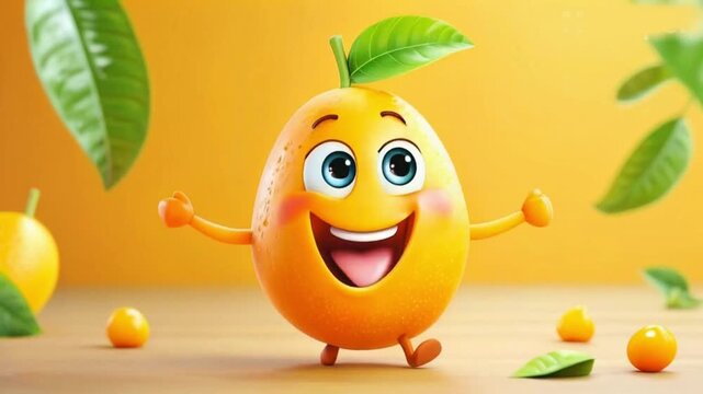 Cheerful cartoon mango character with cute smile. Sweet orange fruit, happy funny food personage. Healthy food concept High quality HD 4K video 