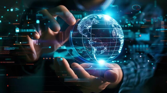 A hand holding a glowing digital globe above a laptop, representing global connectivity and technological advancement.