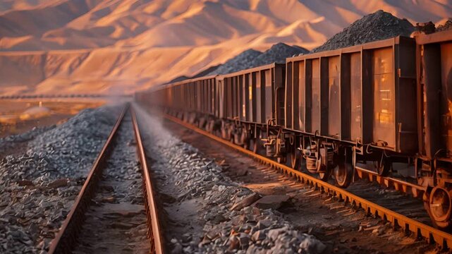 A train carrying coal moves through a mining area with rugged, colorful mountains in the background.