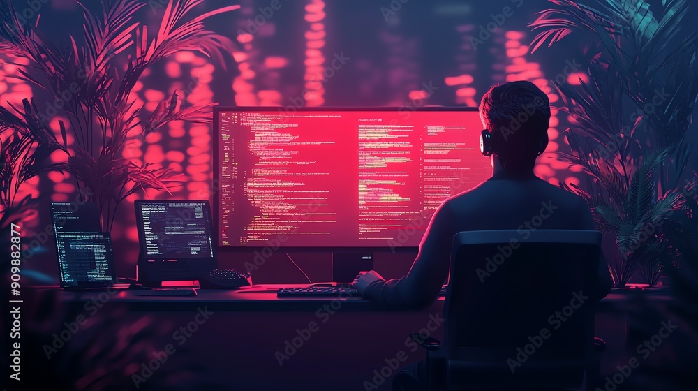 Poster programmer working late at night in a neon-lit room.