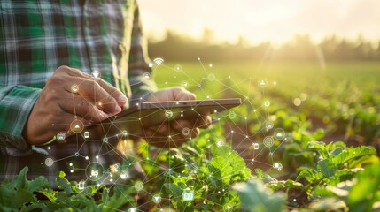 Digital Farming Innovative Technology for Sustainable Agriculture Farmer Using Tablet with Crop Management App in Vibrant Fields