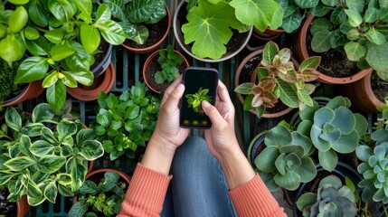 Green Thumb Technology Gardener's Hands Using Plant ID App Among Lush Potted Plants