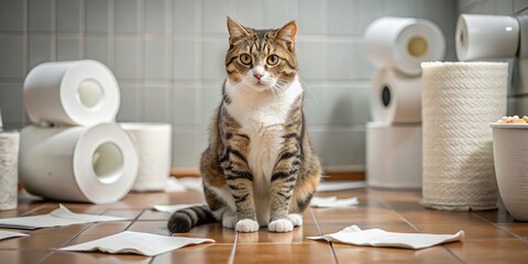 A forlorn domestic cat sits alone on a bathroom floor, surrounded by toilet paper rolls, with a shameful expression after missing the litter box.