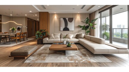 Fototapeta premium Modern Living Room Interior Design Featuring Cozy Seating and Natural Light in Urban Apartment
