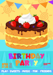 Birthday party event organization with sweets, fun, music and games advertising banner or flyer vector illustration. Poster decorated with cake dessert of festive table