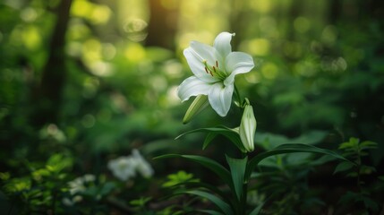 A solitary white lily blooms gracefully in a tranquil forest, illuminated by soft morning light filtering through the trees