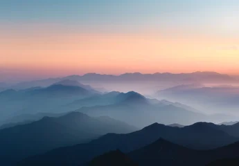 Serene Mountain Landscape at Dusk With Soft Mist and Colorful Sky