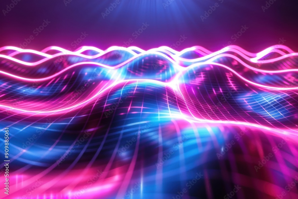 Poster dynamic neon wave patterns glowing in shadows. modern simplistic wallpaper creation
