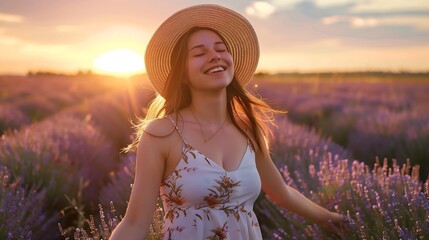 Beautiful young woman happy girl in a straw hat summer sundress dress walks in a lavender field at sunset outdoors Photography portrait : Generative AI