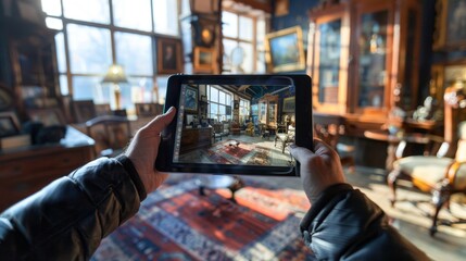 Vintage Elegance Tablet Auction App with Antique Treasures in Background