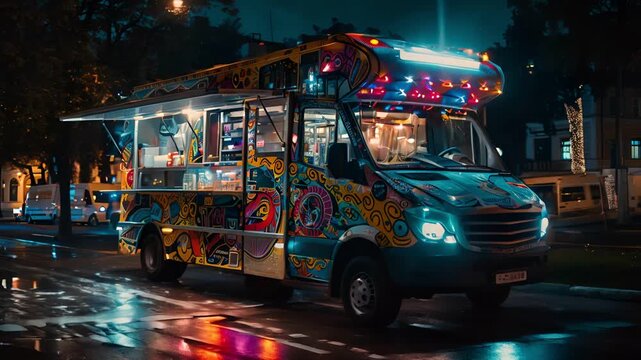 A brightly colored ice cream truck parked on a city street at night. The truck is lit up and ready to serve customers.