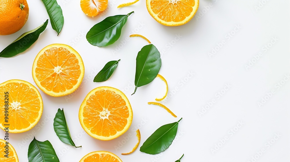Poster orange fruit with orange slices and leaves isolated on white background orange with clipping path : 