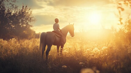 Bright sunny cute photo of a little boy on a horse in a field.