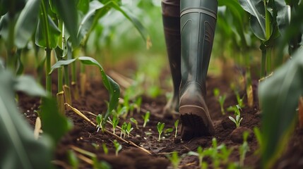 Farmer walking corn sprouts in field agriculture a business concept The farmers feet touch corn field closeup of a farmers legs in lifestyle rubber boots walking through a corn field : Generative AI