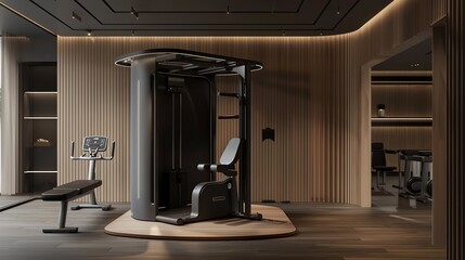 Modern home gym with wood paneling and sleek exercise equipment.