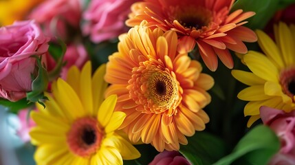 A colorful bouquet featuring a mix of vibrant spring flowers including yellow roses pink gerberas and orange daisies : Generative AI