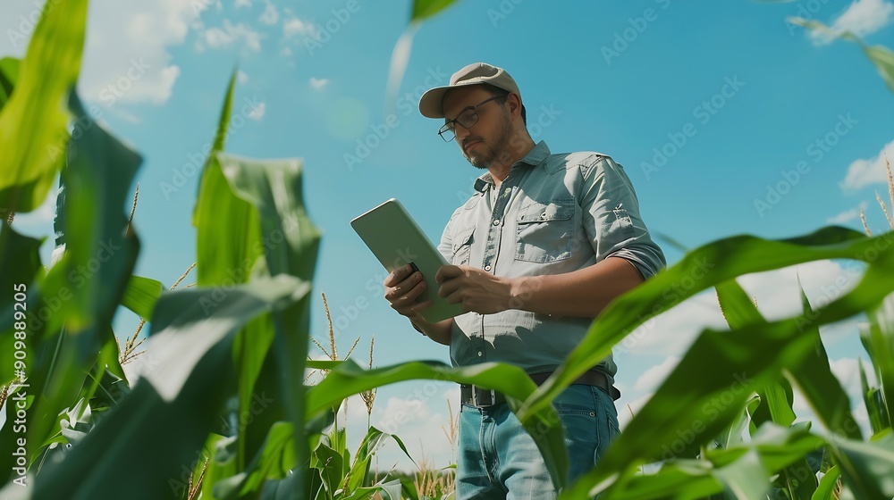 Poster farmer man in corn field works with computer business farm agriculture concept farmer with computer 