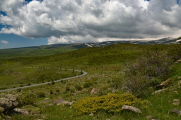 road and meadows on the slopes of Mount Aragats (Aragatsotn province, Armenia)  