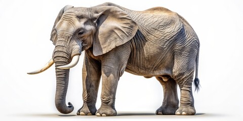 Fototapeta premium Large majestic elephant stands alone on a pure white background, showcasing its wrinkled gray skin, long curved tusks, and floppy ears in serene isolation.
